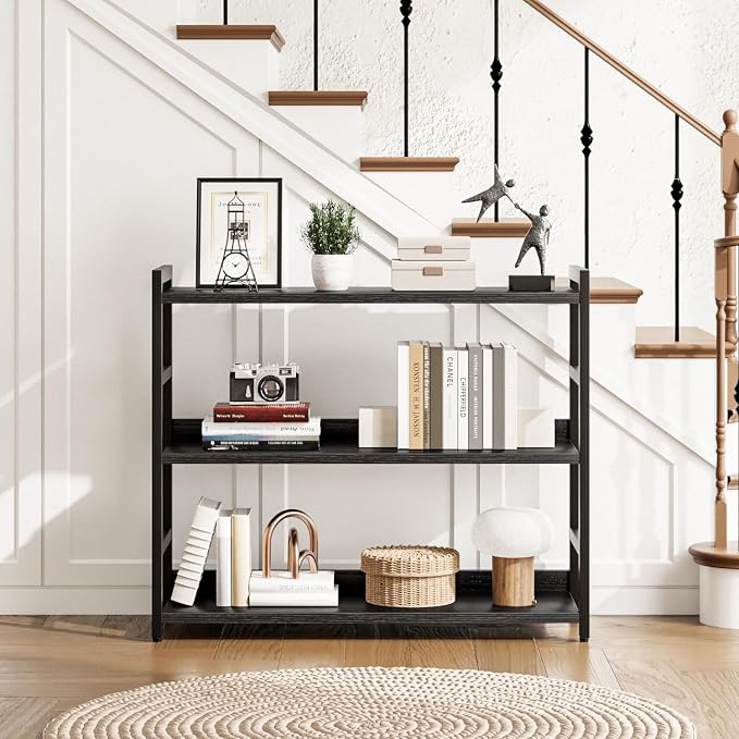 NUMENN Wide Bookshelf, 3 Tier Freestanding Shelving Unit, Black | Metal Frame & Wood Shelves, Falling Prevention Baffle, Open Storage Bookcase for Bedroom, Living Room & Home Office