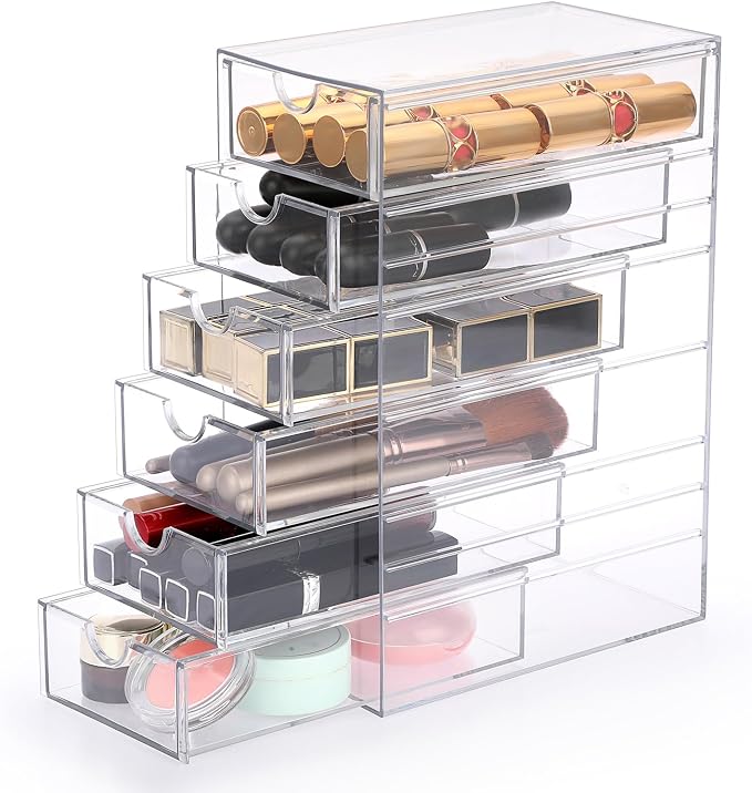 Hipiwe Plastic Drawer Organizer Desktop Storage Box with 6 Pull Out Drawers | Clear Compact Drawers Box for Cabinet Vanity Bathroom Bedroom Pantry Shelf Office Closet Organization