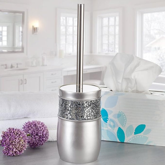 Creative Scents Crackled Glass Toilet Brush with Holder - Silver Toilet Bowl Cleaner Brush and Holder - Good Grip, Deep Cleaning, Decorative Design Compact Toilet Bowl Scrubber