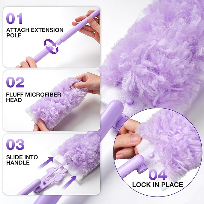 Disposable Duster Set, Thickened & Dense Fiber Duster Refills, 30 Count | 360° Double-Sided with Extension Pole, Unscented, for Electronics, Car Interiors, Blinds, Ceiling Fans, Whole-House Cleaning