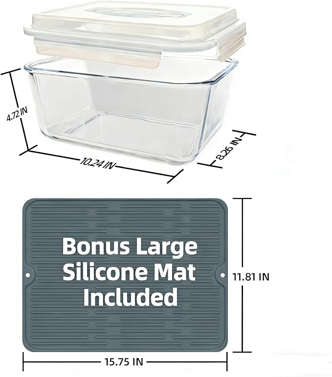 Extra Large Glass Storage Containers with Lids 200oz/6000ml/26cup | Silicone Mat Included | Borosilicate Glass | Airtight | Freezer Oven Dishwasher Safe | Rotisserie Chicken | XL Big Food Bowl