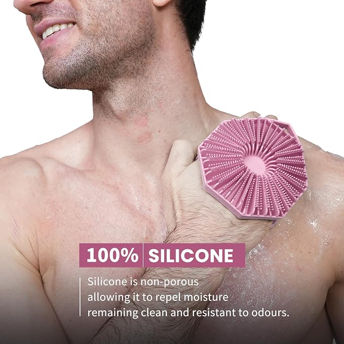 iTokGoK® Premium Silver-Infused Double-Sided Design 2-in-1 Silicone Body Scrubber for Women,Body Buffer Scrubber for Sensitive Skin, Ergonomic No-Slip Handle, Long-Lasting & Easy to Clean - Pink
