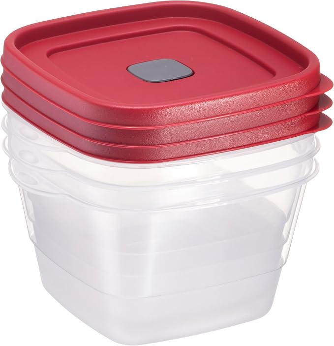 Tribello BPA-Free Plastic Food Storage Set, Red Vented Lids - Microwave, Dishwasher Safe: Perfect for Meal Prep, Leftovers, and Kitchen Organization (3 x 7-Cup)