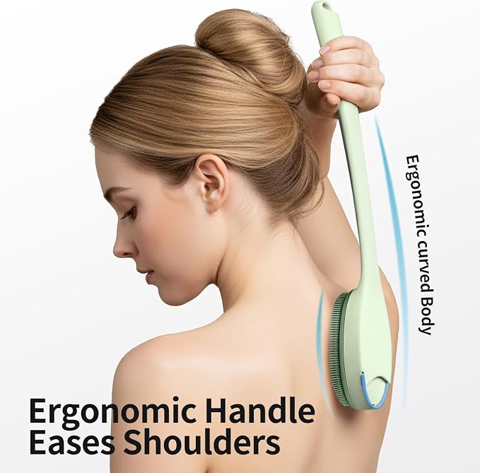 Extendable Silicone Back Scrubber-17-32,Dense Bristles-4X Power | 2-Hand Grip for 4X power. Food-grade silicone, BPA-free. 30D curved dense bristles for rich lather & exfoliation. Quick-dry.