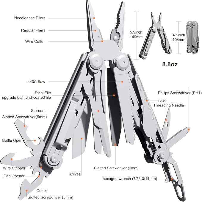 PERWIN Multitool Stainless Steel Multi-Tool Pliers 22-in-1 with Safety Locking, Pocket Knife, Bottle Opener, EDC Equipment With Pocket Clip for Survival, Camping, Hunting and Hiking.