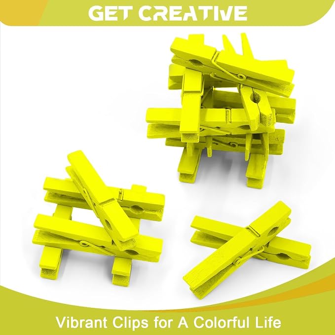 100 Pcs Yellow Clothes pins - 2.9 Inch Wooden Clothespins Cheer Clips | Vibrant for Crafts Classroom Decorations Clothing Pictures Laundry Solid Wood No Splinters Fade‑Proof