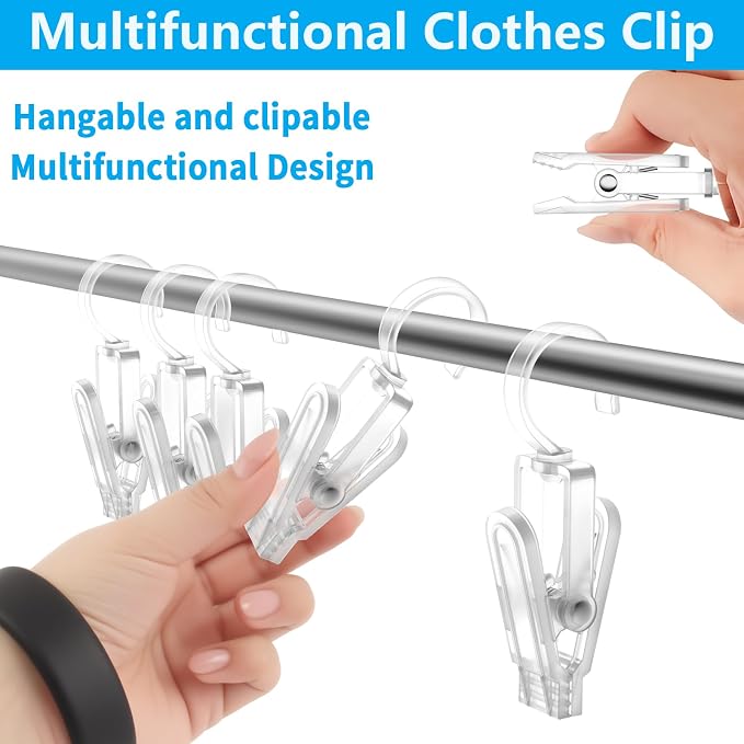 20 PCS Laundry Hooks with Clips Super Strong Plastic Home Travel Swivel Hanging Hanger Closet Organizer Clamps Socks Boot Bras Towels for Bathroom Wardrobe Kitchen Office - 4.3 Inches (Clear)