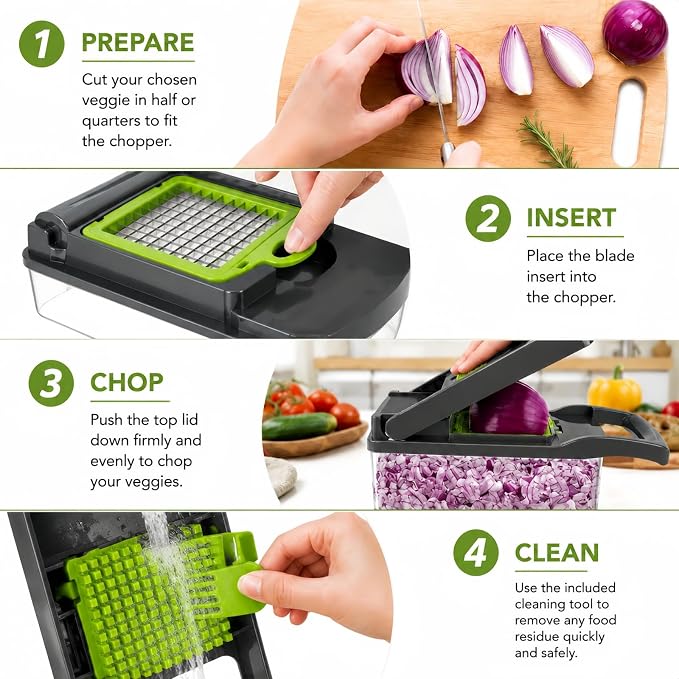 Vegetable Chopper, Onion Dicer & Mandoline Slicer with Container, Grey | Veggie Cutter with 8 Stainless Steel Blades & Drain Basket. Fast Food Chopper for Salad, Potato, Tomato, Cucumber & Carrot