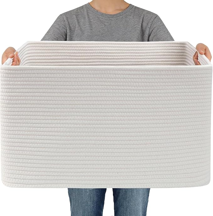 JMvicyroam 96L Large Woven Cotton Rope Blanket Basket, White | Blanket storage for living room or bedroom use, Freestanding with reinforced handles, Entire basket is machine washable