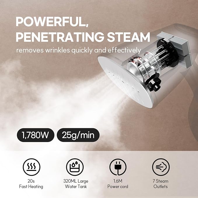HubiCare Handheld Garment Steamer for Clothes - 1500W TurboSteam, 3 Steam Levels, 320ml Big Capacity, Strong Penetrating Steam, 20s Fast Heat-up, Steam Iron Fabric Wrinkle Remover (Black)