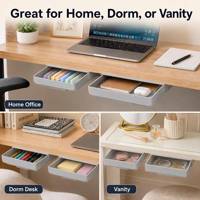 Under Desk Drawer, 2 Pack Self Adhesive Slide Out Desk Storage Drawers | Hidden Desk Drawer Organizer Attachment for Pens, Notes, Earbuds, Cables and Small Office Accessories, Grey