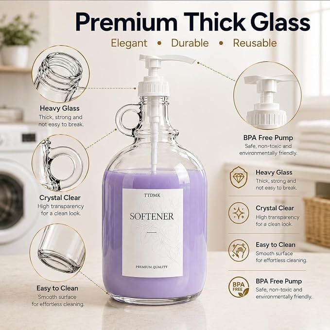 3 Pack Glass Laundry Detergent Dispensers, 64 oz Half Gallon Bottles | Includes Pumps, Labels, Funnels and Measuring Cups for Organizing Laundry Detergent, Softener and Scent Boosters.