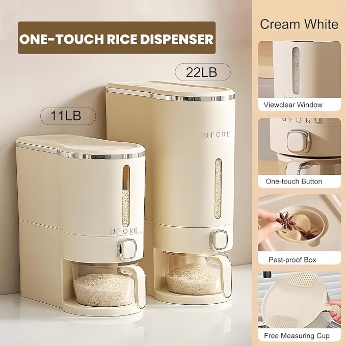 UFORU Rice Dispenser, 23-25 Lbs Rice Storage Container with Measuring Cup for Kitchen Pantry Household, Cereal Dry Food Storage Containers Airtight, Sealed Moisture Proof, Cream White