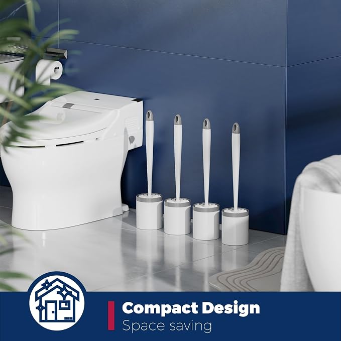 Holaloha Toilet Brush, 4 Pack Toilet Brush and Holder Set, Compact Bathroom Accessories for Toilet Bowl Cleaning and Space Saving, White