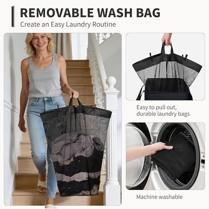 Goodpick 75L Rolling Laundry Hamper with Wheels and Lid, Black | 16.5 × 12.5 × 27.5 in, Removable Wash Bag, Collapsible, Dorm & Bathroom Organization, Dirty Clothes & Bedding Storage