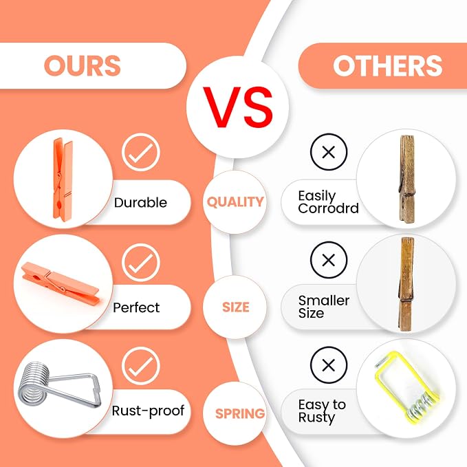 50PCS Colored Wooden Clothespins 2.9 Inch Color Clothes Pins for Pictures | Colorful Close Pins Wood for Photos Classroom School Decoration Craft Cheer, Orange