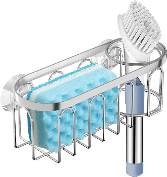 2-in-1 Sponge Holder for Kitchen Sink, Sink Caddy Kitchen Sink Organizer with 3 Suction Cups, No Drill Rustproof Sink Sponge Holder for Dish Brush, Soap & Sponge (Silver)