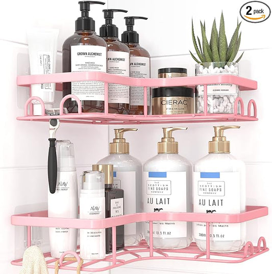 Sakugi Corner Shower Caddy - 2 Pack, Adhesive Shower Organizers, Rustproof Stainless Steel Shower Shelves with 8 Hooks, No Drilling Bathroom Organizers and Storage Racks, Space-Saving, Pink, Medium