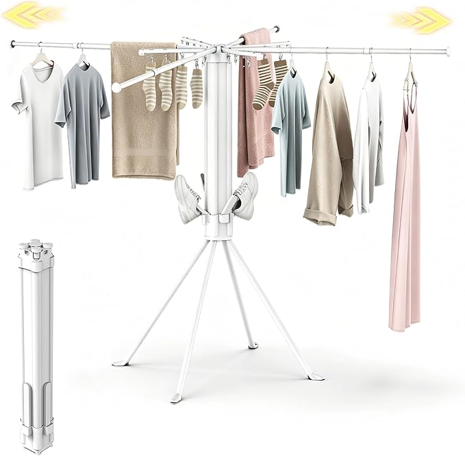 Clothes Drying Rack Foldable, 4-Leg Base, 16 Clips, 4 Shoe Holders | Holds Up To 88 lbs, Rust-Resistant, Quick Fold, Fits 90°/180°/270° Corners, Independently Extendable Rods