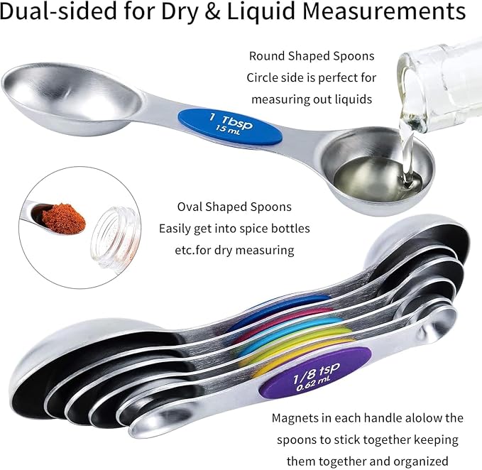 TILUCK measuring cups and magnetic measuring spoons set, stainless steel measuring cups, 6 double-sided stainless steel measuring spoons & 1 leveler (14)