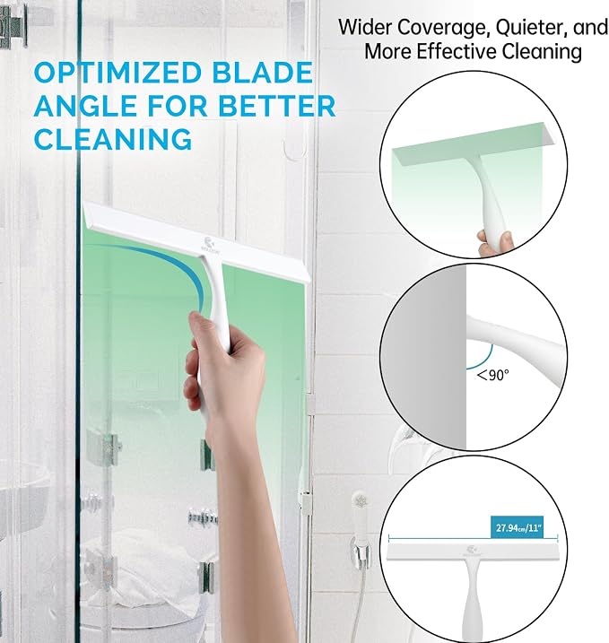 Shower Squeegee for Glass Doors, 11 Inch Ergonomics Anti-Rust Silicone Squeegee with Stainless Steel Frame for Shower Glass Door, Mirrors, Tiles and Windows Cleaning, White