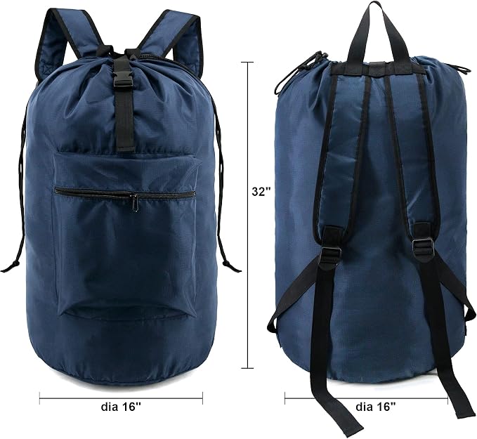 BeeGreen Navy Blue Travel Laundry Bag w Drawstring & Handle College Dorm Room Essentials w Adjustable Shoulder Straps Washable Sturdy Laundry Hamper Sack Dirty Laundry Travel Bag for Camping