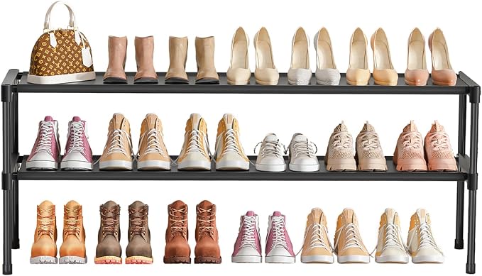 LUKYTOWER Extra Long Shoe Rack 2 Tier Wide Shoe Storage Organizer | Sturdy Durable Shoes Rack for Closet, Entryway, Dorm, Save Space Stackable Shoe Shelf Stand Holder