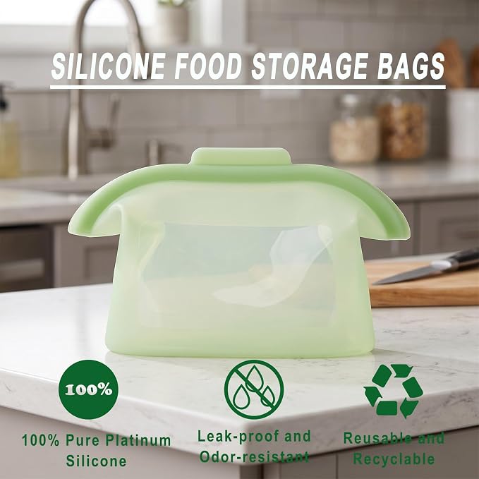 Silicone Storage, Everbag Silicone Food Storage Bags, Spliceable, wide opening, Reusable Silicone Storage Bags, High-Temperature Resistant, Leak-Proof, Microwave and Dishwasher Safe(green)