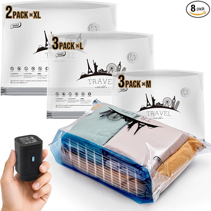 TAILI Vacuum Storage Bags with Rechargeable Cordless Pump, 8 Pack Combo (3M+3L+2XL), Vacuum Seal Bags for Clothing, Bedding, Blanket, Pillows, Compression Packing Cube Storage for Luggage Travel