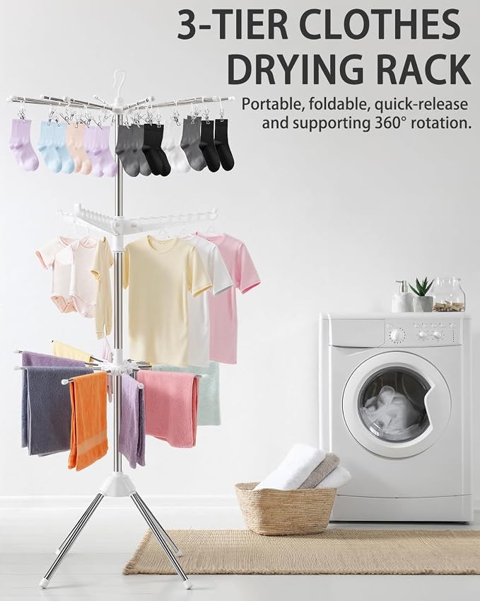Foldable Clothes Drying Rack, 3 Tier Portable Laundry Drying Rack | 64" Drying Rack, Rotating Clothes Rail with 30 Clips,10 towel sticks and 3 Rotatable Arms, Flats, Small Rooms, Dorm