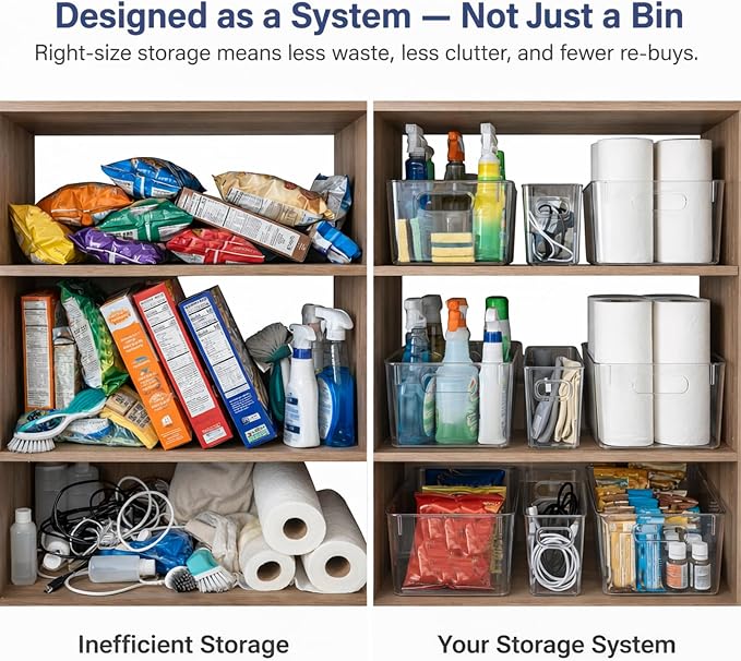 MOONEDGE 10 Pack Clear Plastic Storage Organizer Bins, 4 Large & 6 Narrow | Under-Sink Storage Containers, Kitchen, Pantry, Bathroom, Cabinet Organization, Clear Bins for Organizing, Deep Narrow Bins
