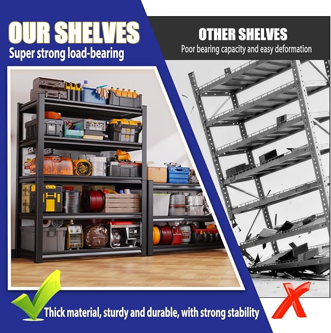 Garage Shelving-5 Tier Storage Shelves, Adjustable Heavy Duty Metal Shelving Unit and Storage Large Wire Rack, Utility Steel Shelf for Warehouse Industrial Pantry Basement -78"x46"x20", Black