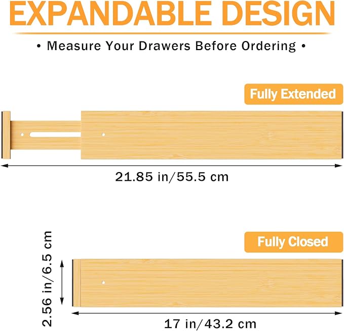 Bamboo Drawer Dividers Organizers, 2.56" High, 17"-21.8" Adjustable, 8 Pack | Expandable Separators, Great for Utensils, Kitchen, Bedroom, Dresser and Office Storage