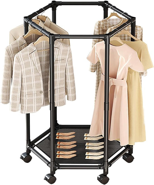 Clothes Rack with Wheels, Hexagonal Rolling Clothing Rack for Hanging Clothes, Clothes Drying Rack, Freestanding Garment Rack for Balcony, Living Room,Black,1 Tier