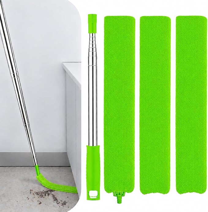 Retractable Gap Dust Cleaner with Extension Pole & 3 Microfiber Cloths | Cleaning Tools with 3 Microfiber Dusting Cloths | Long Handle Duster 30-100'' | Under Refrigerator Furniture Appliance Green