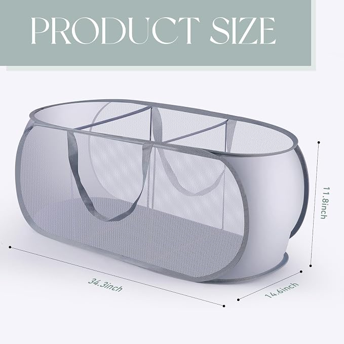 2 Pack Mesh Foldable Laundry Basket Up Laundry Hamper (Black + Grey) | 3 Compartments Up Mesh Hamper with Handles, Mesh Laundry Hamper for Laundry Room, Bathroom, Room, College Dorm or Travel