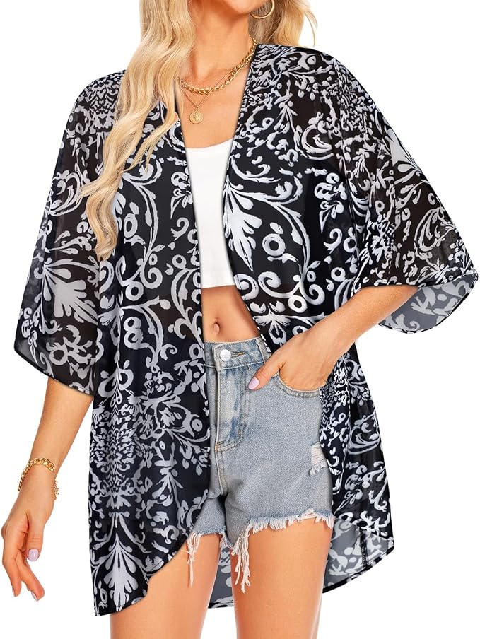 Women Kimono Cardigans Summer Cover Up Hawaiian Shirts Floral Print Tops | ROSEMIA chiffon kimono open front cardigans, beach cover ups, daily casual tops, cruise outfits, summer resort wear
