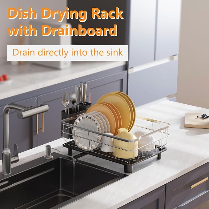 AIDERLY Stainless Steel Dish Drying Rack Dish Drainer, Black | Extendable Drain Spout, Utensil Holder, Knife Slots, Compact for Kitchen Counter