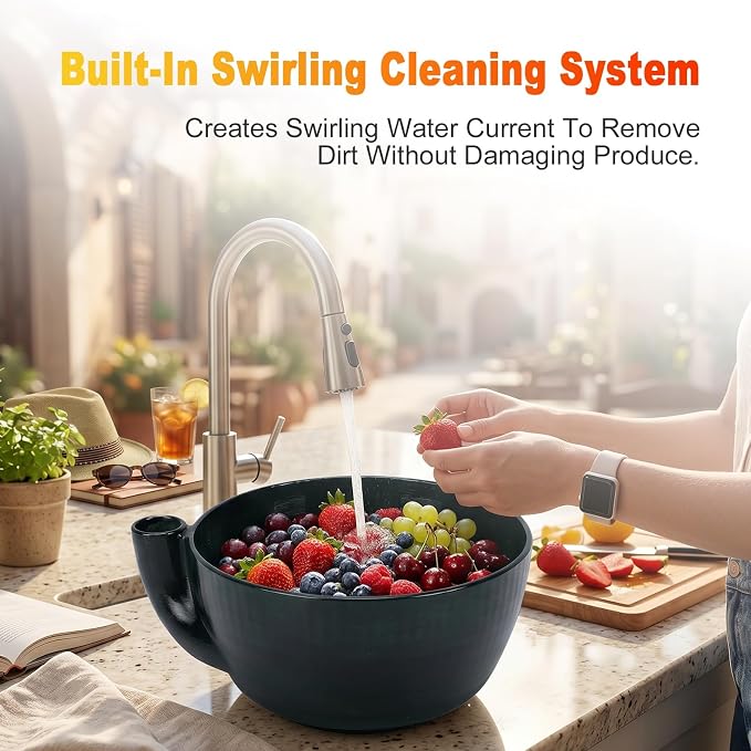 Self Spinning Berry Washing Bowl, Fruit Washer Spinner with Drain Base, 360 Deep Cleaning Swirling Berry Bowls for Cleaning Berries, Vegetables (with Drain)