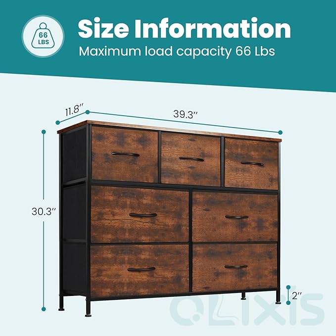 OLIXIS 7 Drawer Closet Organizer, Storage Tower with Sturdy Steel Frame | Dresser for Bedroom, Wooden Top & Easy Pull Fabric Bins, Clothes Organization, Living Room Entryway, Brown