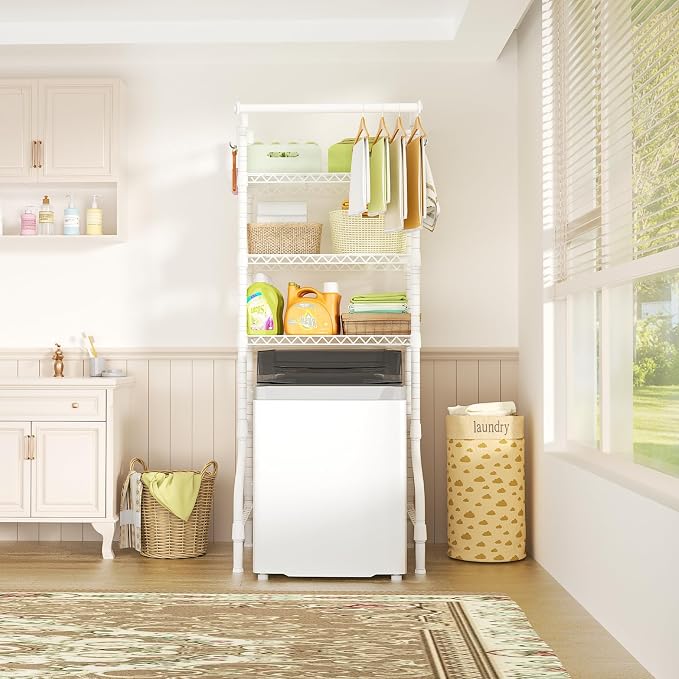 U11 Mini Over Washer and Dryer Shelves, 3 Tiers Laundry Room Storage and Organizer Standing Shelf, Metal Freestanding Clothes Drying Rack, 28.3”W x 19.7”D x 77.6”H, White