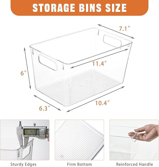 Freebat 12 Pack Large Clear Plastic Storage Bins,Plastic Containers with Handle for Pantry Organizer and Storage,Perfect for Kitchen,Fridge,Cabinet, Closet,Bathroom Under Sink Storage