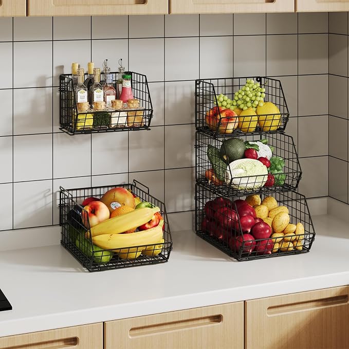 2-Tier Potato and Onion Storage Bin, Stackable Wire Baskets for Countertop | Large Fruit and Vegetable Storage, Wall-Mount Kitchen Pantry Organizer with Ventilated Mesh to Keep Produce Fresh for Cabinet