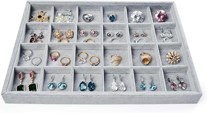Oirlv Velvet Jewelry Tray for Drawer,Rings Earrings Organizer,24 Grids | Stackable and Portable, Ideal for Retail Showcase, Trade Shows and Personal Jewelry Collection,Fits Nicely in Dresser Drawer