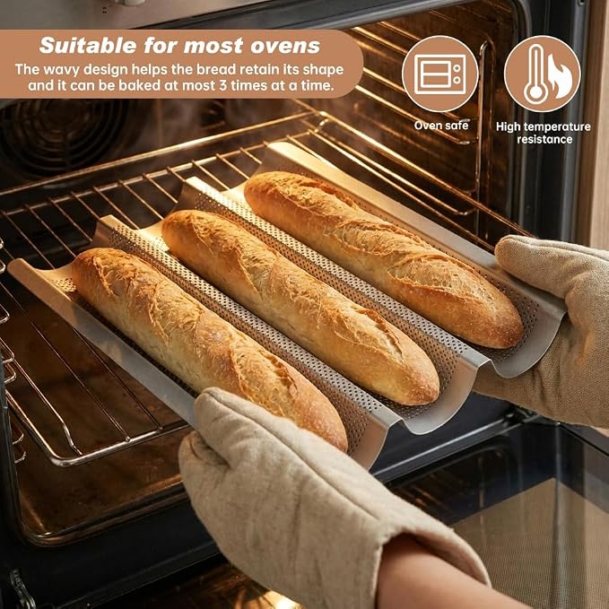 Baguette Bread Pan, Nonstick Baguette Pan for French Loaf Baking with Dough Scraper, Pastry Brush, Bread Lame, Replacement Blades, Banneton Cloth for Sourdough, Artisan Bake Baking