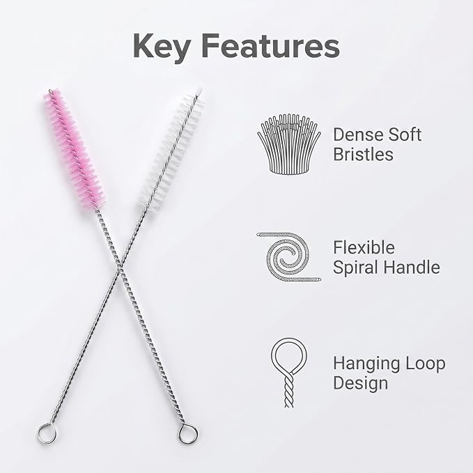 2 Pack Straw Cleaner Brush, Reusable Metal Handles Straw Cleaner Brush Extra Long for Stanley Mug 40, 30, 20 oz, 10mm Wide for Sippy Cup, Water Bottle and Tubes (Clear+Pink)
