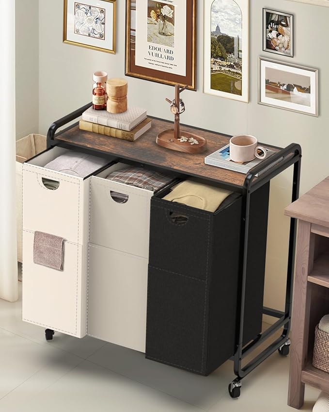 Laundry Sorter 3 Section,Laundry Basket with Wheels,3×15.8 Gal (60L) | Laundry Room Organization with Wooden Desktop Shelf,Pull-Out and Removable 900D Oxford Fabric Laundry Bags for Laundry Room
