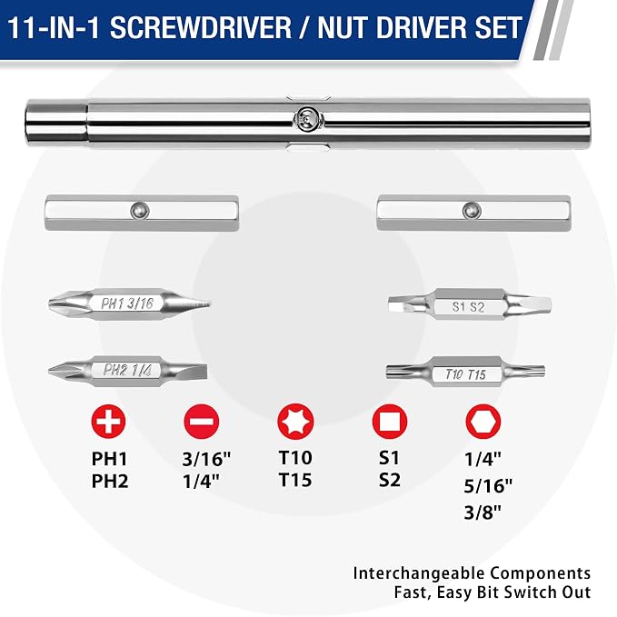 WORKPRO 11-in-1 Screwdriver/Nut Driver Set Tool Comfort Grip, All in One Multi-bit, Portable Screw-driver, 8 Bits (Philips/Slotted/Torx/Square), 3 Nut Driver Sizes