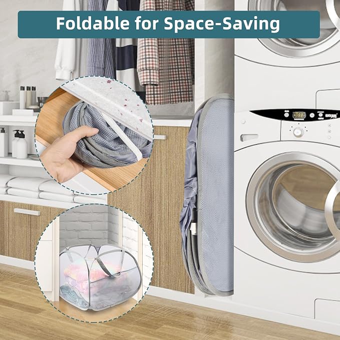 2 Pack Collapsible Laundry Baskets, 90L Large Foldable Laundry Basket, Durable Mesh Pop Up Hampers for Laundry, Dirty Clothes Laundry Hamper for Bedroom, Bathroom, Dorm, Laundry Room, Travel Grey