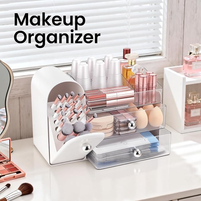 Makeup Organizer,Vanity Organizer with Makeup Brush Holder,Large Skincare Organizers with Drawers,Bathroom Countertop Organizer,Storage Lipstick,Perfume,Nail Polish,Beauty,Gifts for Woman